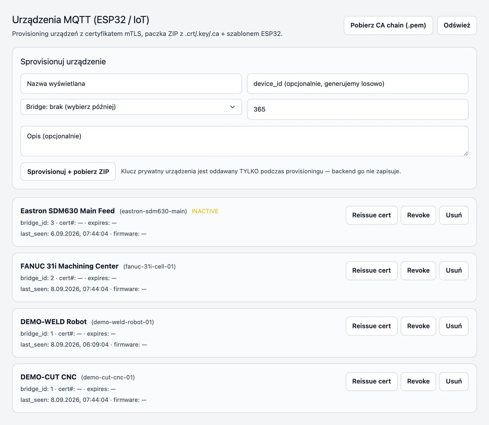 Zrzut ekranu platformy DBR77: Data Bridge: certyfikaty urządzeń (mTLS)