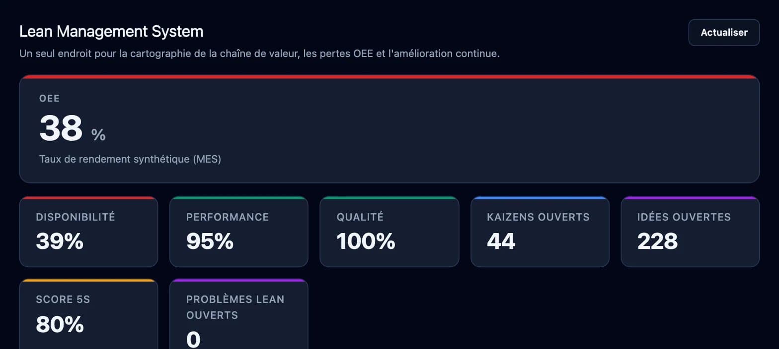 Capture d'écran de la plateforme DBR77 : Lean Management System (OEE et principales pertes)