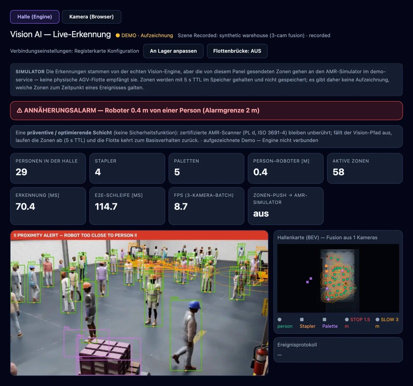 Vision AI Live-Erkennung mit markierten Personen, Staplern und Paletten und einem Annäherungsalarm