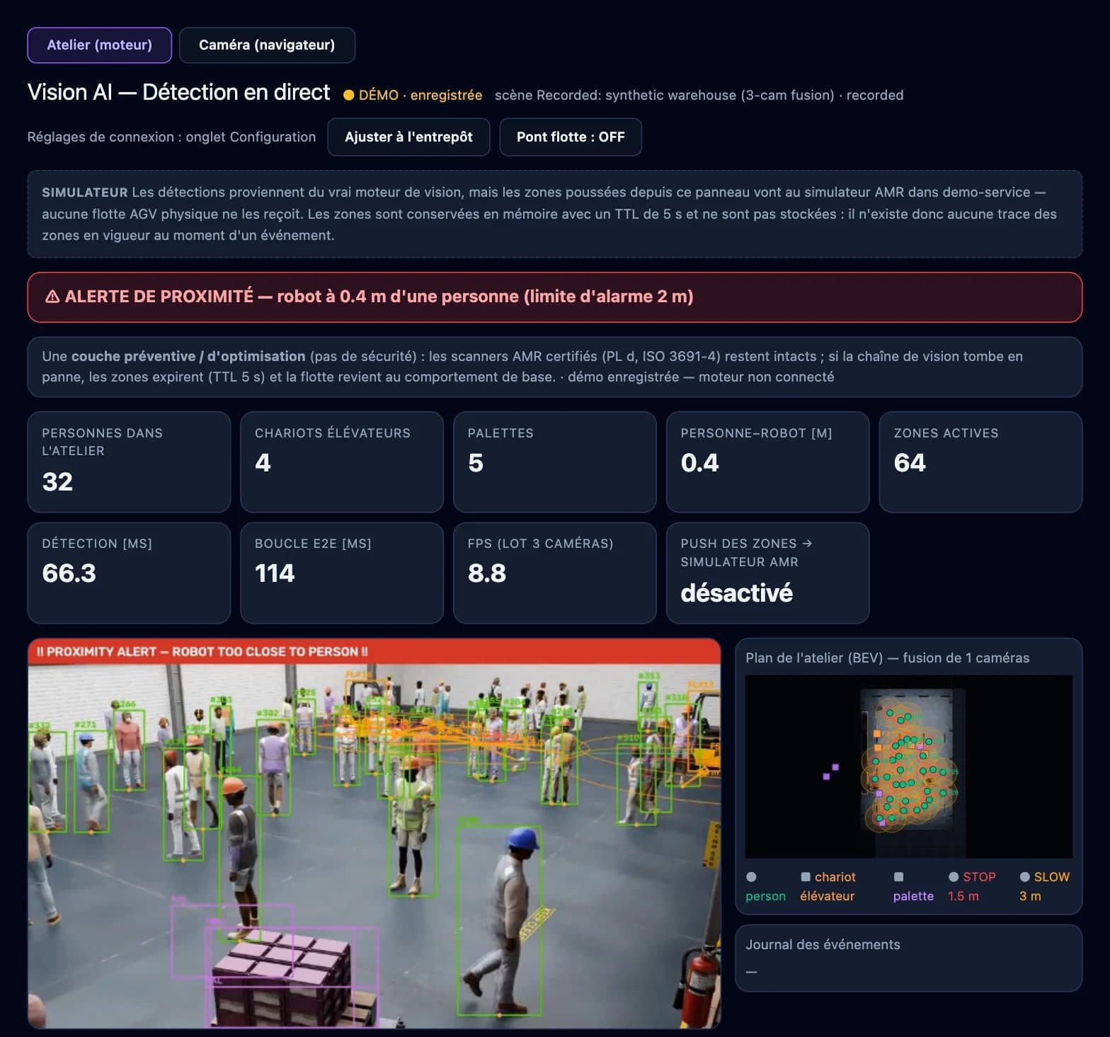 Détection en direct Vision AI avec des personnes, des chariots élévateurs et des palettes repérés, et une alerte de proximité