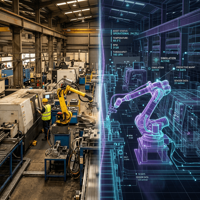 Digital Twin — real factory vs digital twin simulation