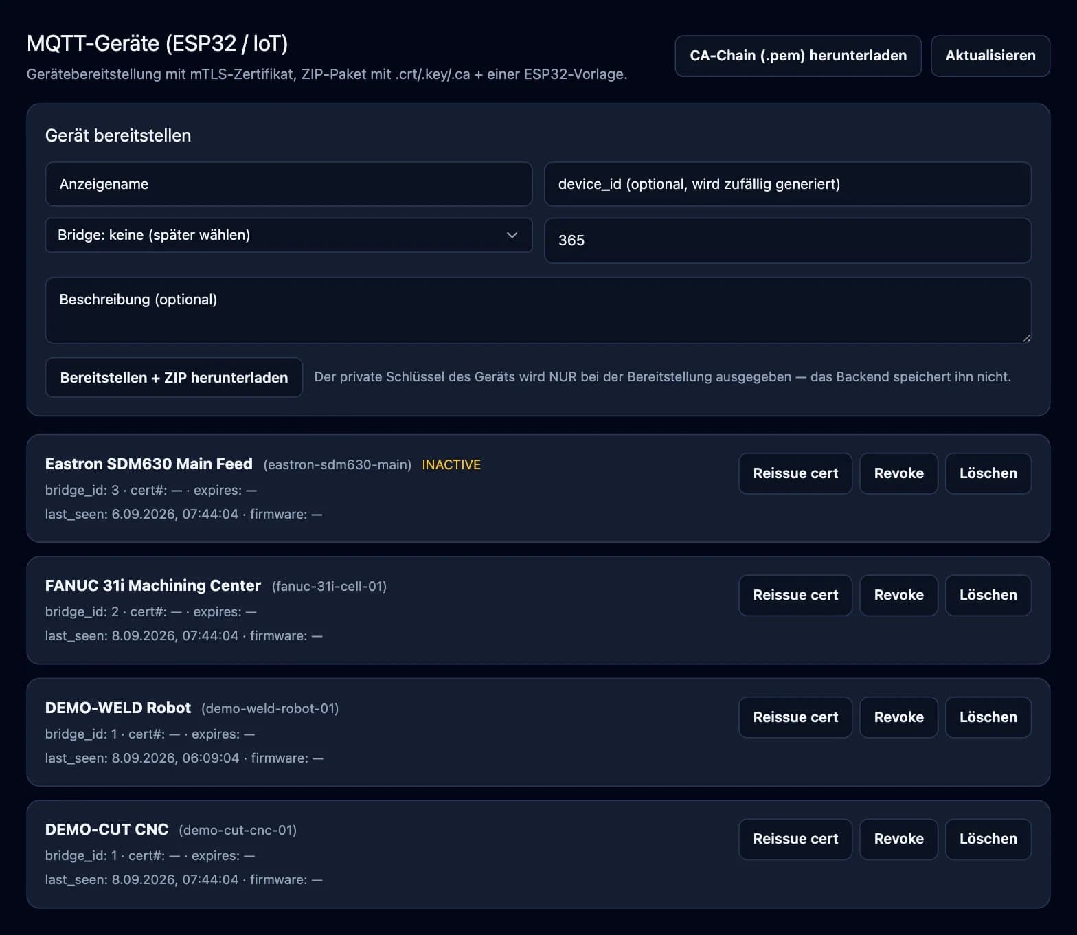 Screenshot der DBR77-Plattform: Data Bridge: Gerätezertifikate (mTLS)