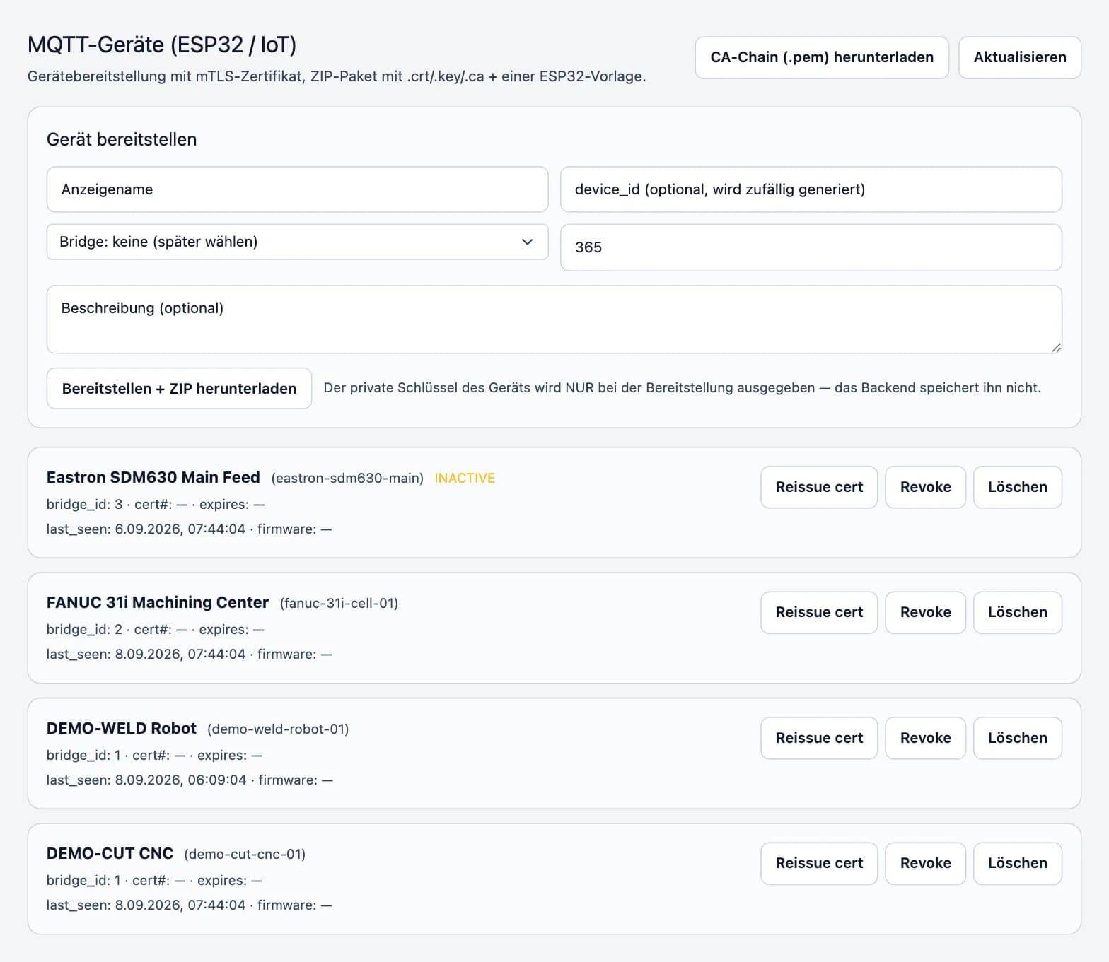 Screenshot der DBR77-Plattform: Data Bridge: Gerätezertifikate (mTLS)