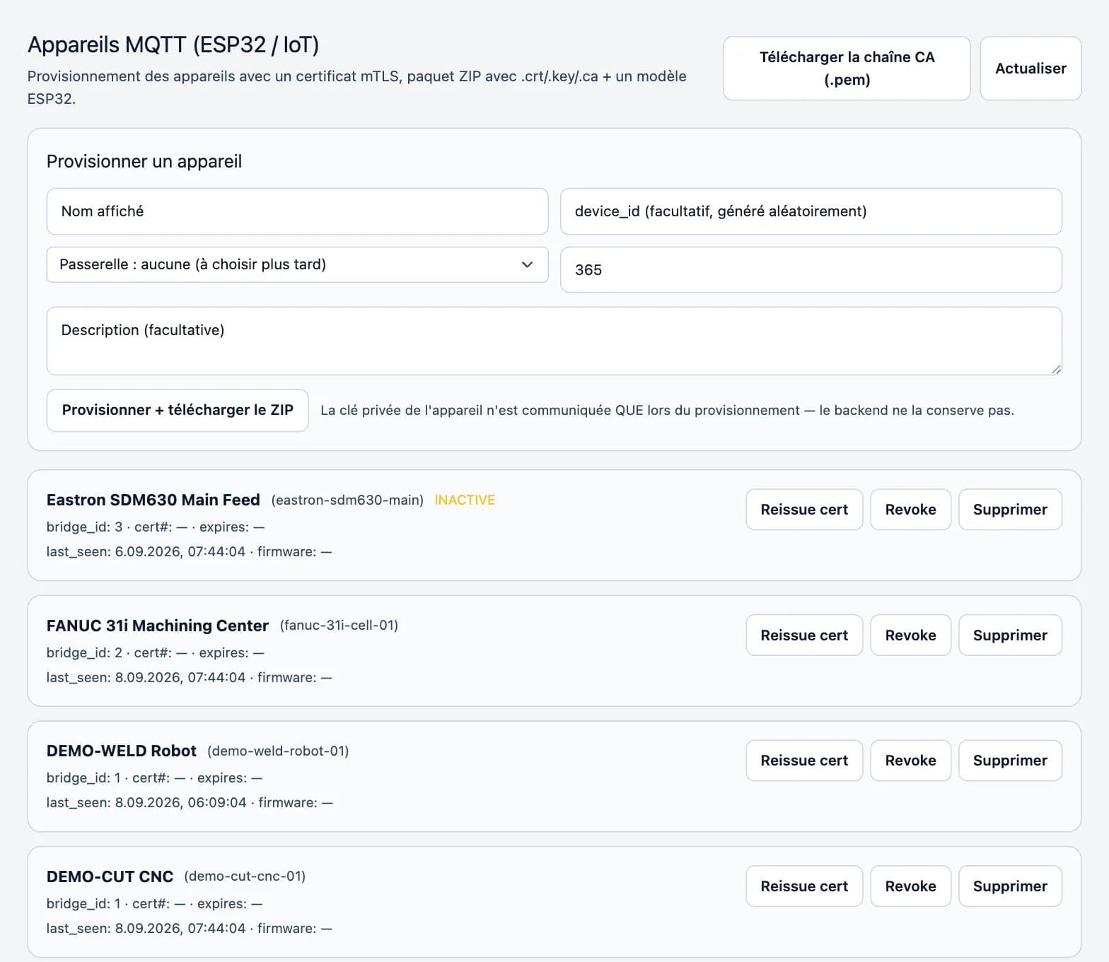 Capture d'écran de la plateforme DBR77 : Data Bridge : certificats des équipements (mTLS)