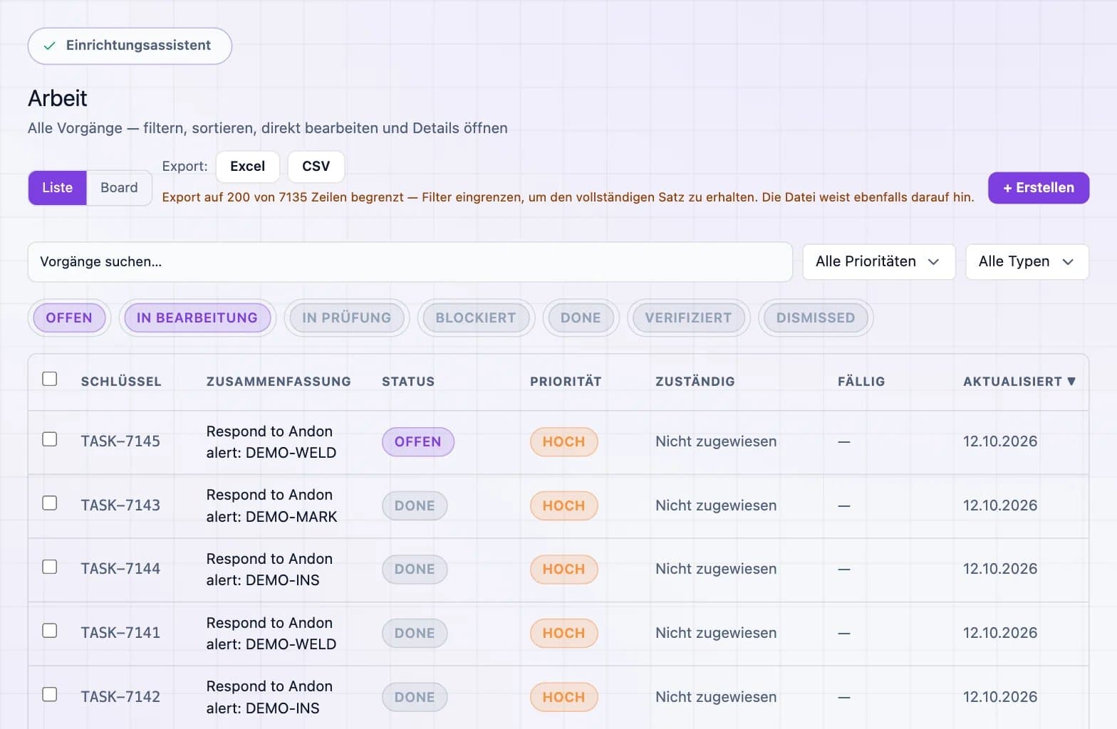 Screenshot der DBR77-Plattform: Arbeitsliste (Aufgaben aus Alarmen)