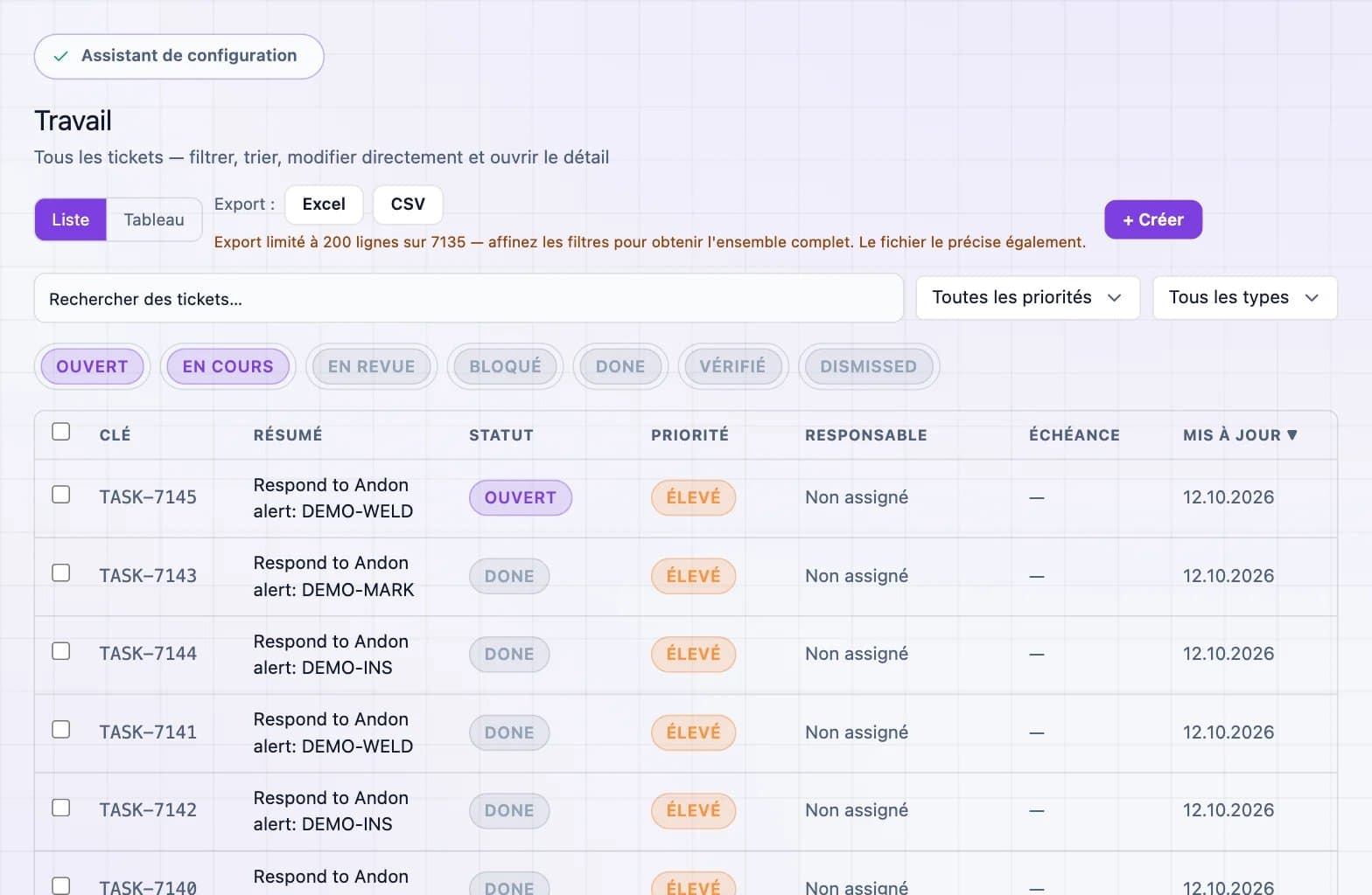 Capture d'écran de la plateforme DBR77 : file de travail (tâches issues des alertes)
