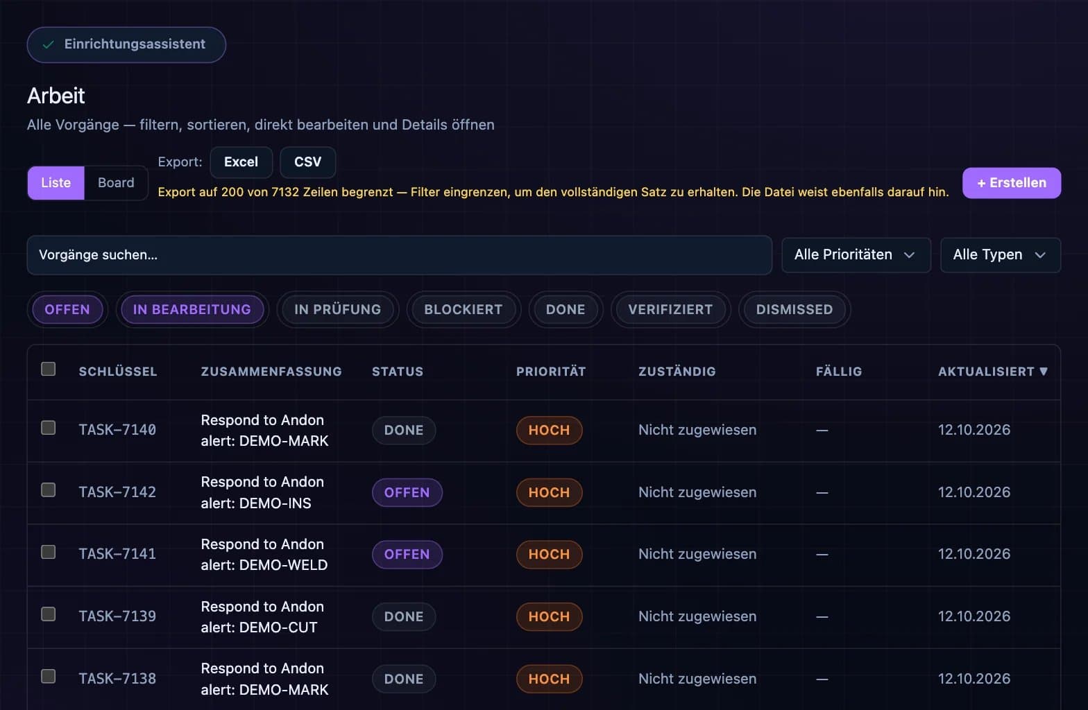 Screenshot der DBR77-Plattform: Arbeitsliste (Aufgaben aus Alarmen)