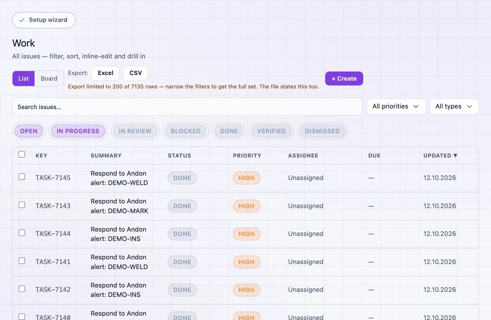Screenshot of the DBR77 platform: work queue (tasks created from alerts)