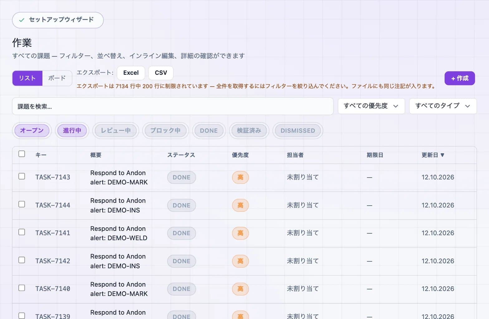 DBR77プラットフォームのスクリーンショット:作業キュー(アラートから生成されたタスク)