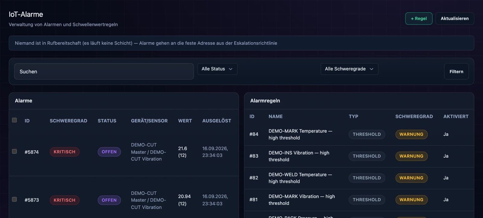 Screenshot der DBR77-Plattform: IoT-Alarme und Alarmregeln