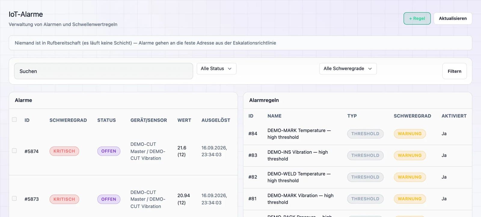 Screenshot der DBR77-Plattform: IoT-Alarme und Alarmregeln