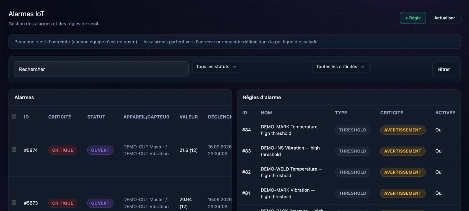 Capture d'écran de la plateforme DBR77 : alarmes IoT et règles d'alarme