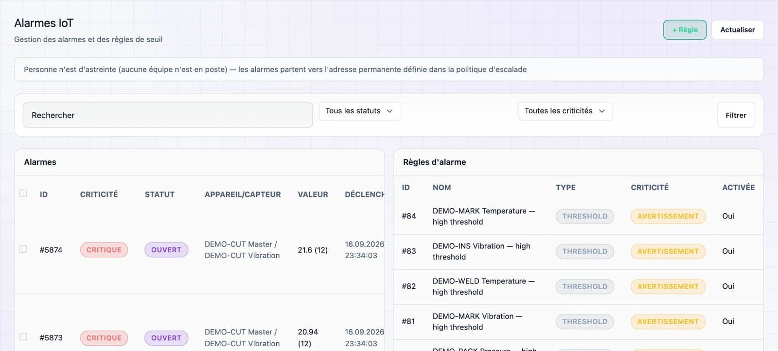Capture d'écran de la plateforme DBR77 : alarmes IoT et règles d'alarme