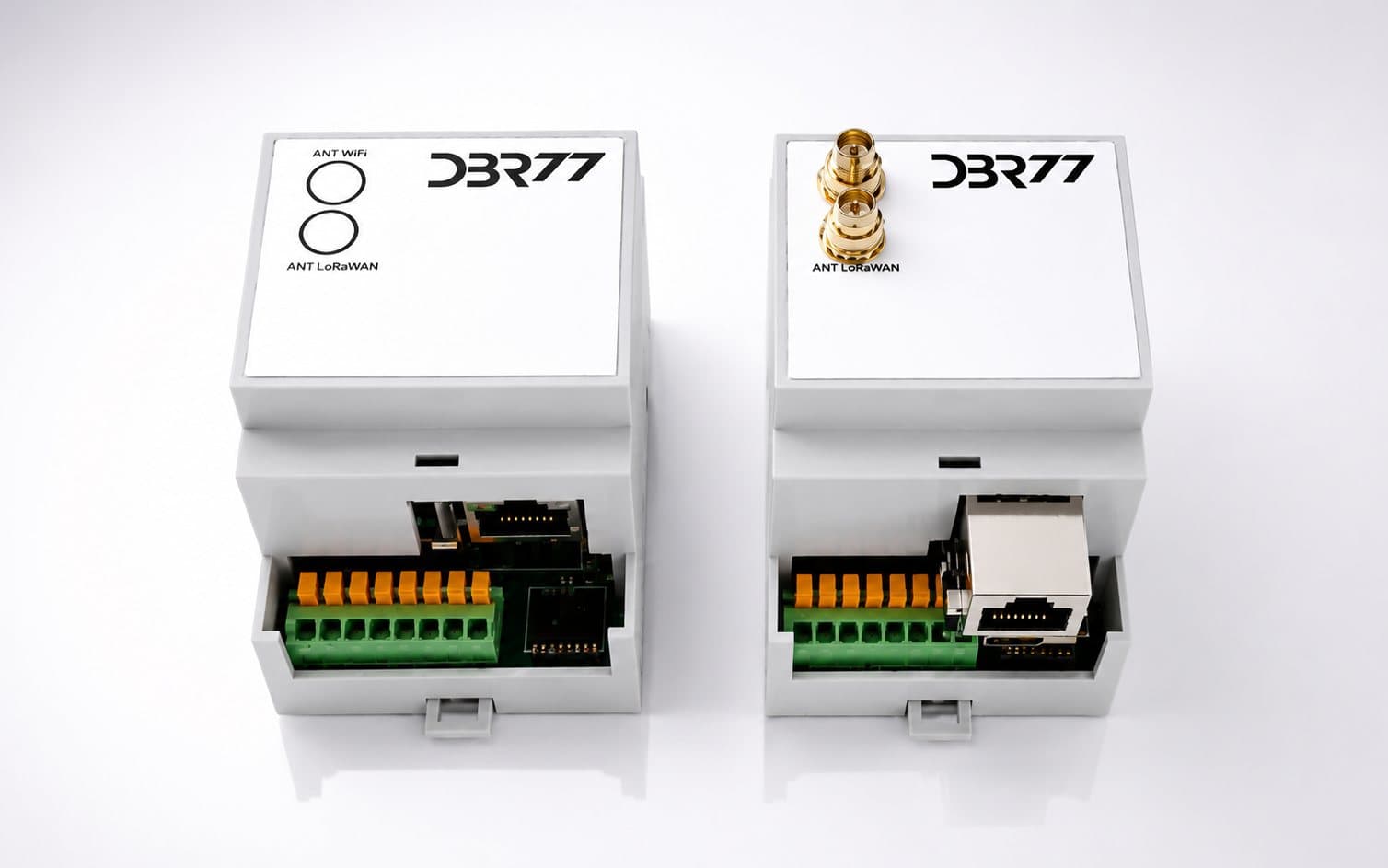 Two DBR77 gateway modules for DIN-rail mounting, one with a LoRaWAN antenna connector