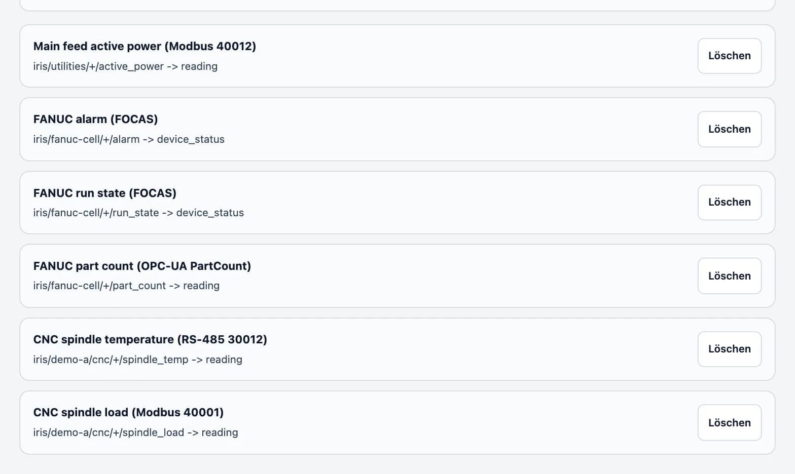 Signalzuordnungen in Data Bridge für Signale aus Modbus, FANUC und OPC UA mit Vorschau der Normalisierung